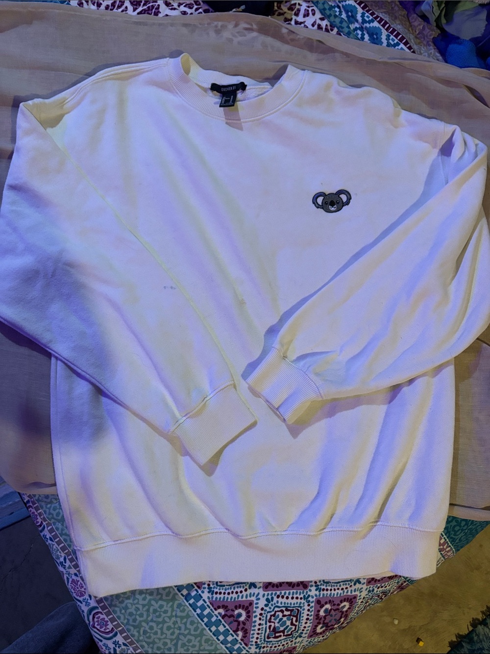 Forever 21 White Crewneck Sweatshirt with Koala Emblem